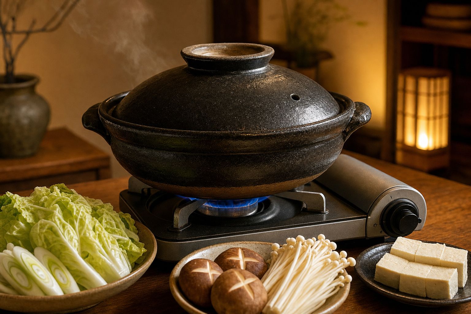 A rustic Japanese donabe clay pot steaming on a portable tabletop burner, surrounded by hot pot ingredients on a low table