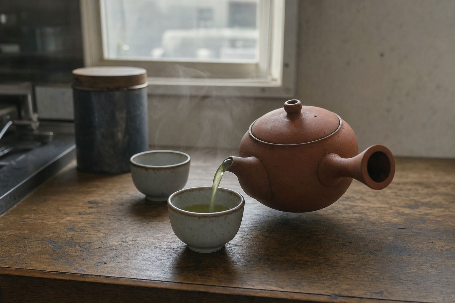 A small clay kyusu teapot with a side handle pouring green tea into a cup on a wooden kitchen counter